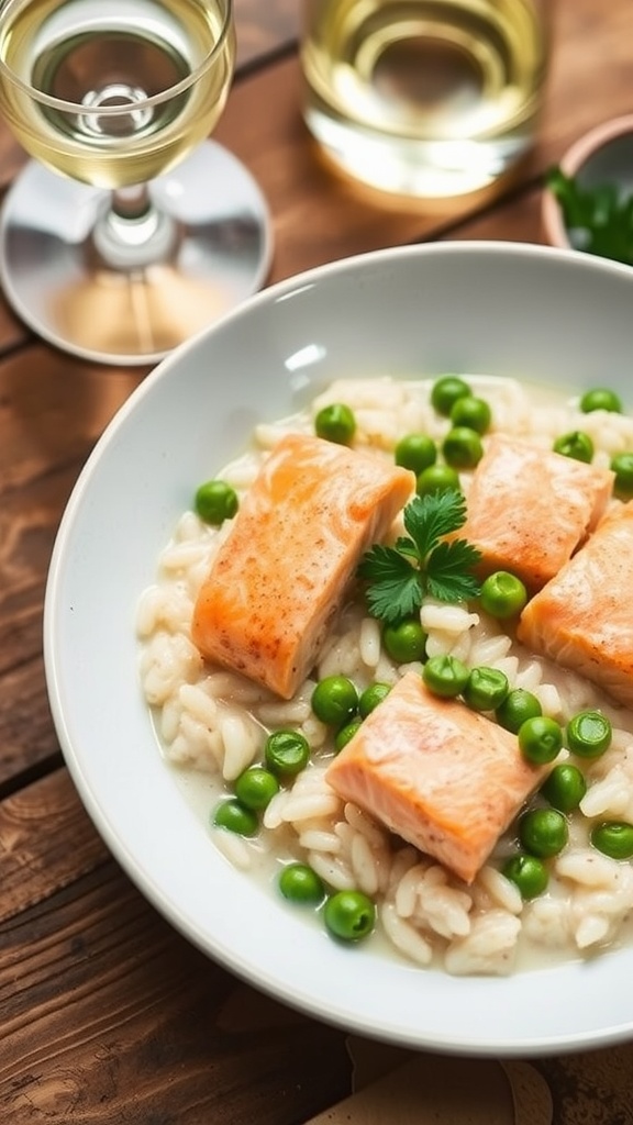 A bowl of salmon risotto with peas, garnished with parsley, on a rustic table with a glass of white wine.